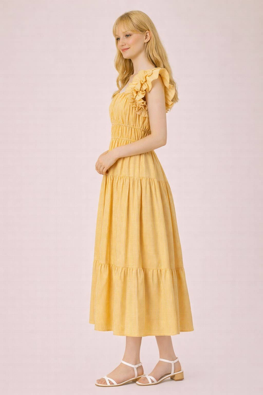 ND32033-Shoulder Ruffle Detail Stripe Midi Dress: GREEN / S-M-L/2-2-2