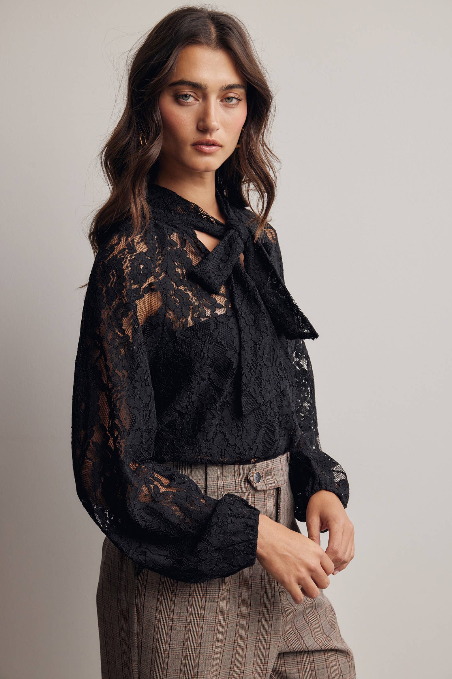 Sheer Lace Tie Neck Blouse Black