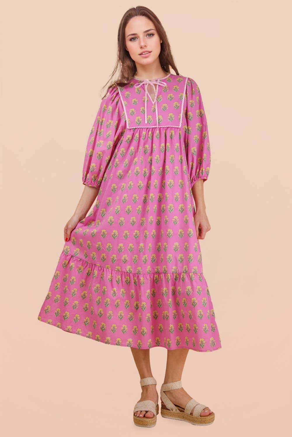 ND32007-Printed Half Sleeve Midi Dress: White mix / S-M-L/2-2-2