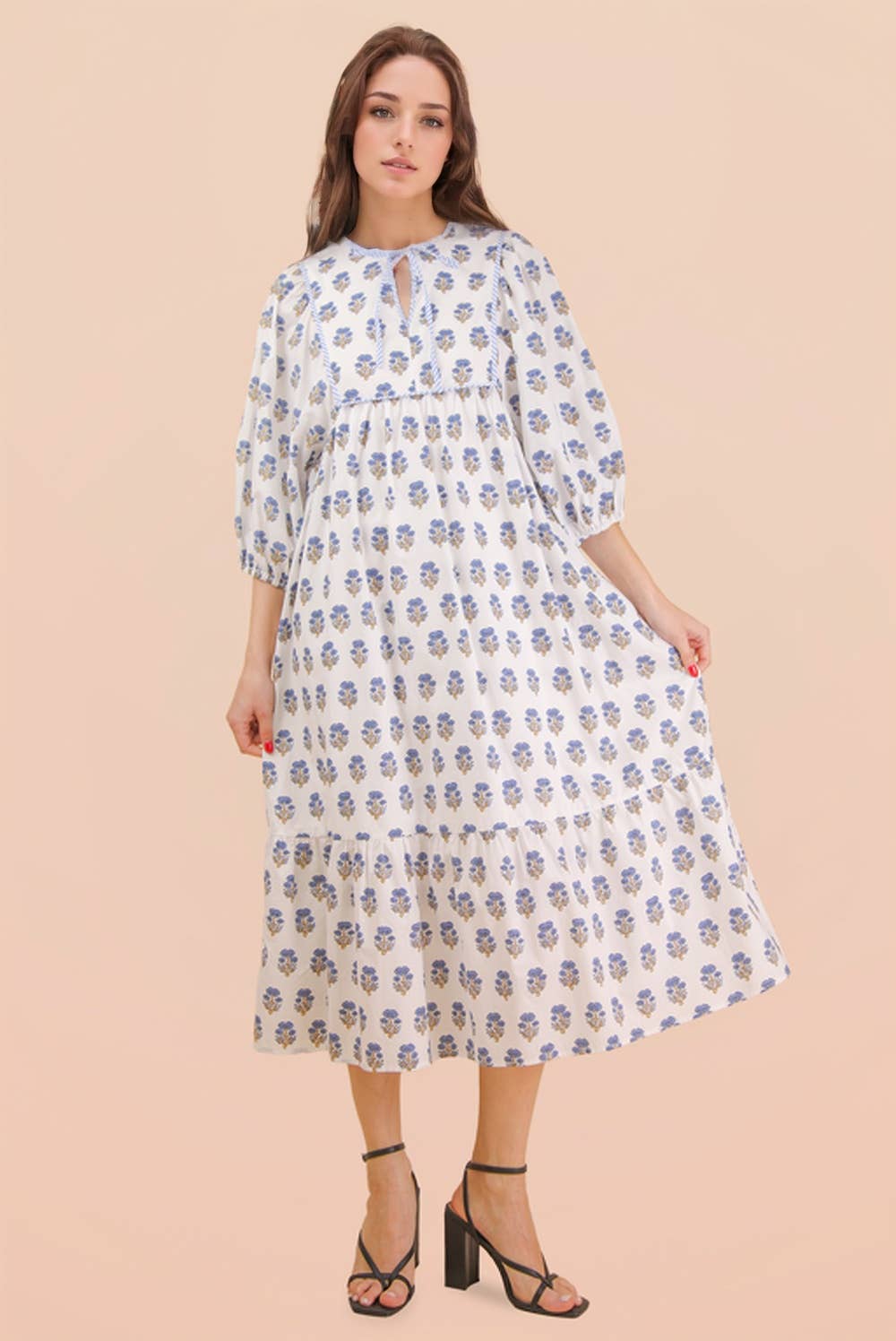 ND32007-Printed Half Sleeve Midi Dress: White mix / S-M-L/2-2-2
