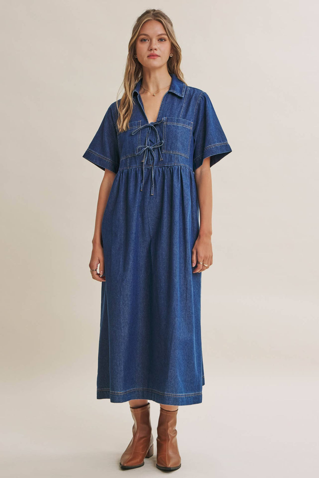 DENIM WASHED BOW-FRONT MIDI DRESS