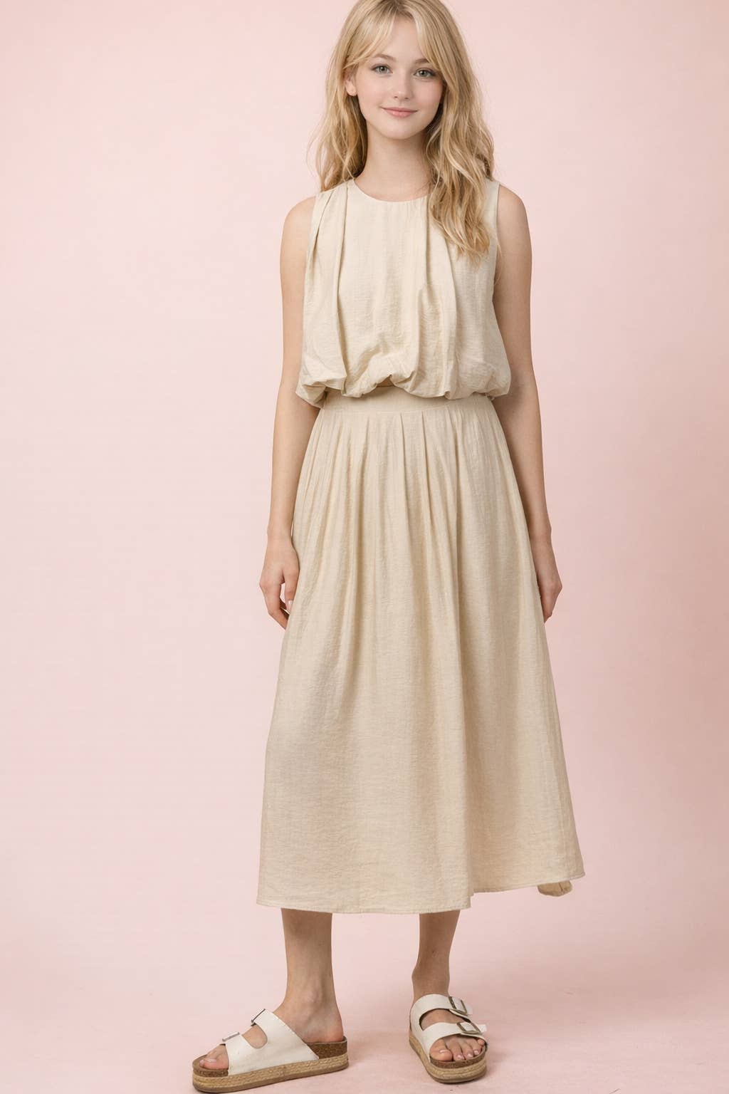 NT12643SET-Pleated Bubble Blouse Top & Midi Skirt Set: DENIM / S-M-L/2-2-2