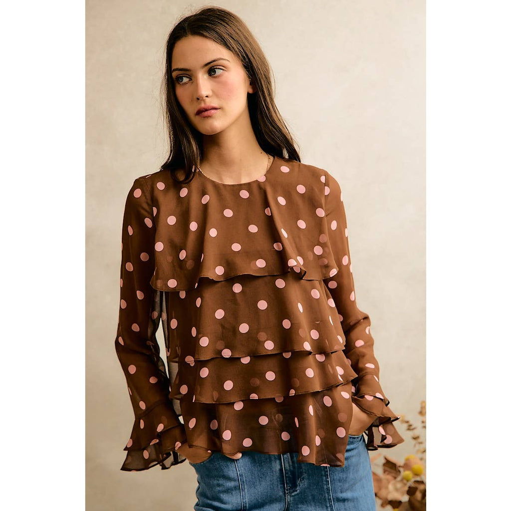 POLKA DOT PRINT RUFFLE BLOUSE: BROWN/PINK / S