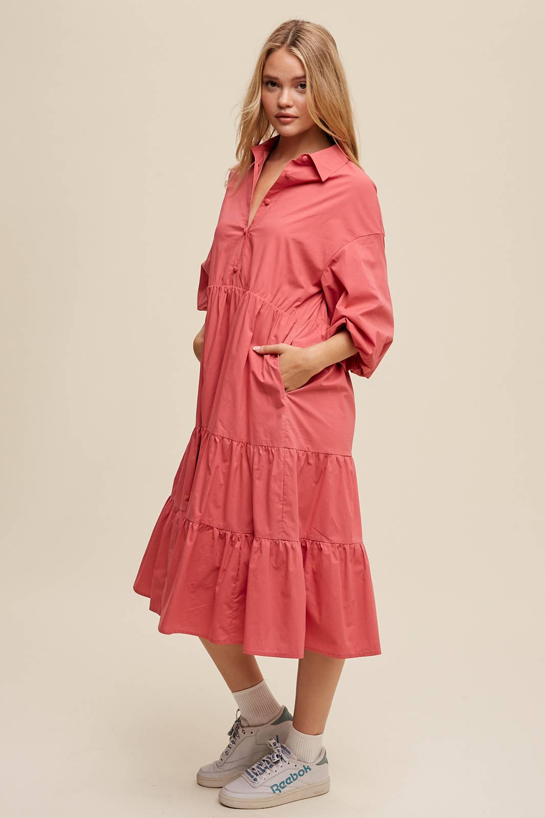Tiered Poplin Shirt Dress: Rose /