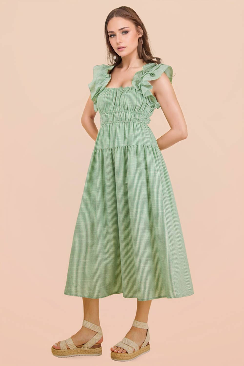 ND32033-Shoulder Ruffle Detail Stripe Midi Dress: GREEN / S-M-L/2-2-2