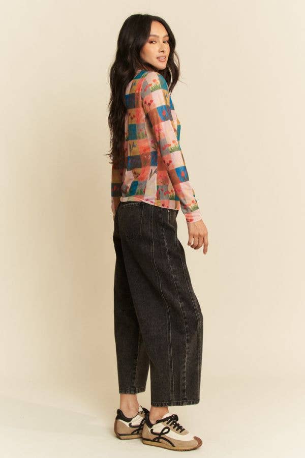 Floral Checker Patchwork Print Mesh Long Sleeve Top Plus Size