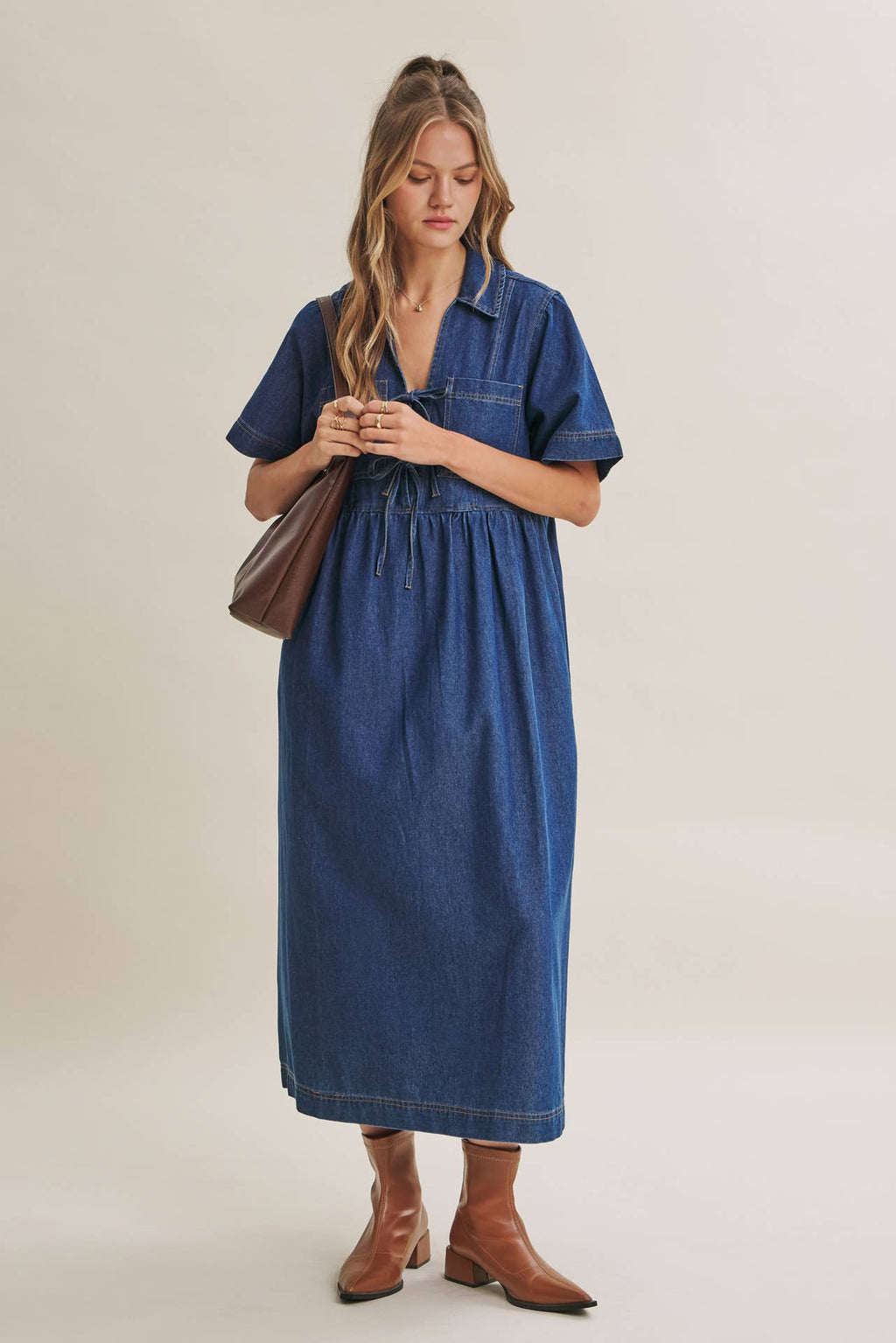 DENIM WASHED BOW-FRONT MIDI DRESS