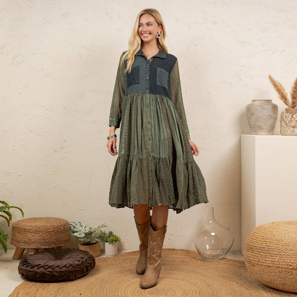 Vintage Bohemian Tiered Midi Dress - Boho Eyelet NEW: GRAVEL / REGULAR (S-M-L-XL 2-2-2-1)