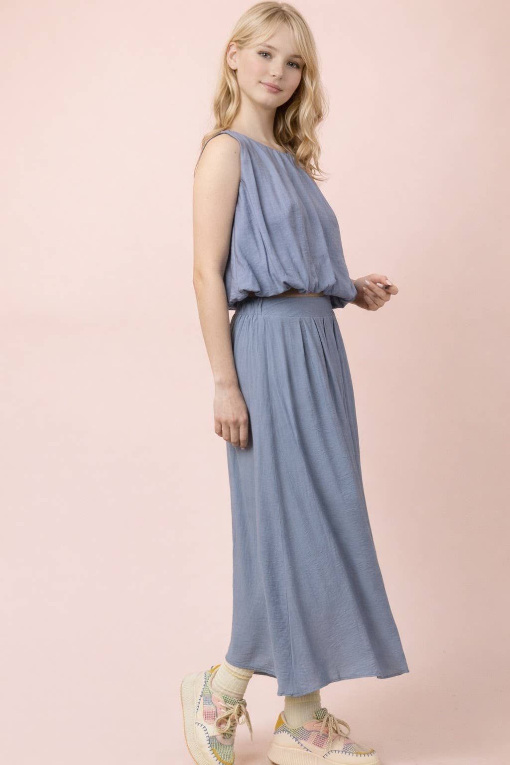 NT12643SET-Pleated Bubble Blouse Top & Midi Skirt Set: DENIM / S-M-L/2-2-2