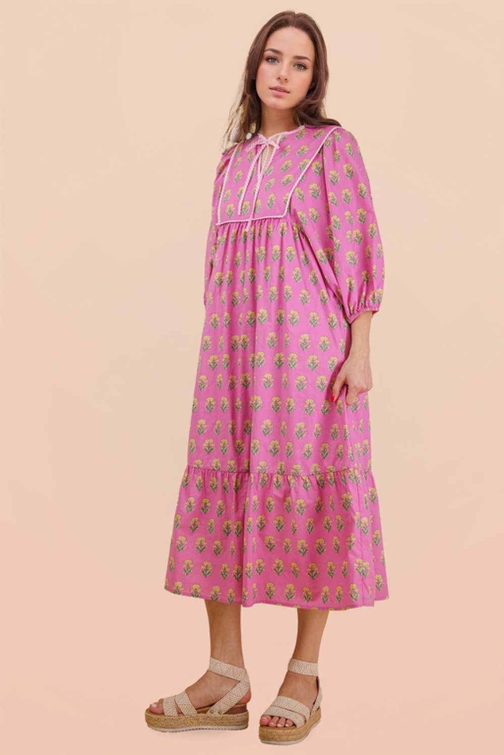 ND32007-Printed Half Sleeve Midi Dress: White mix / S-M-L/2-2-2