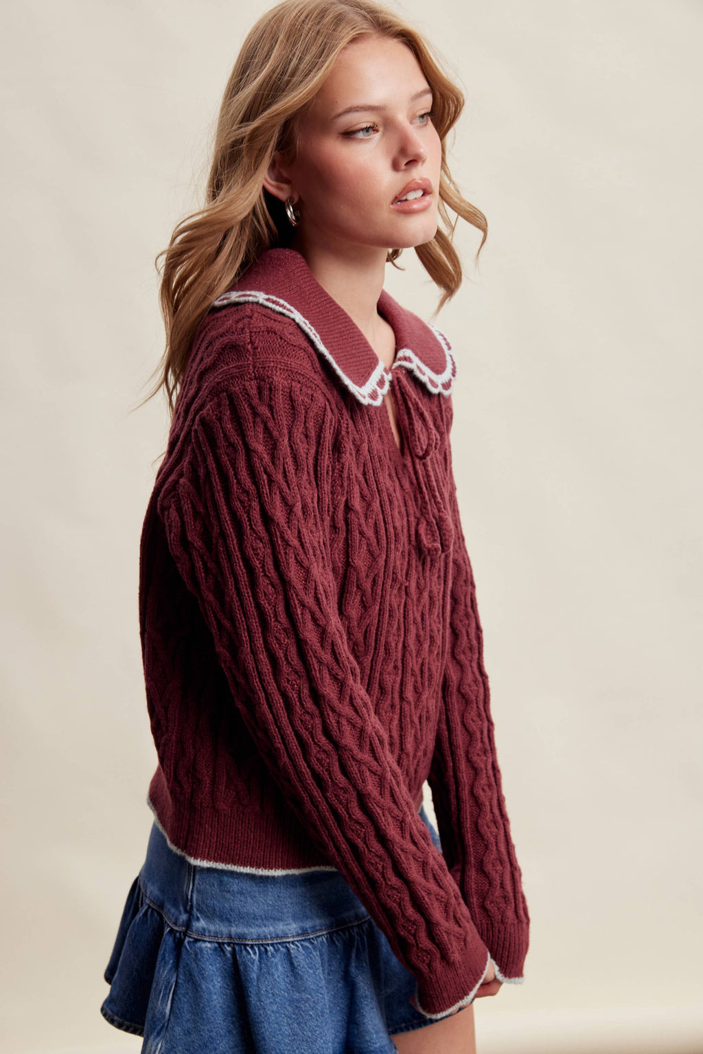 Scalloped Collar Cable Knit Sweater Sangria