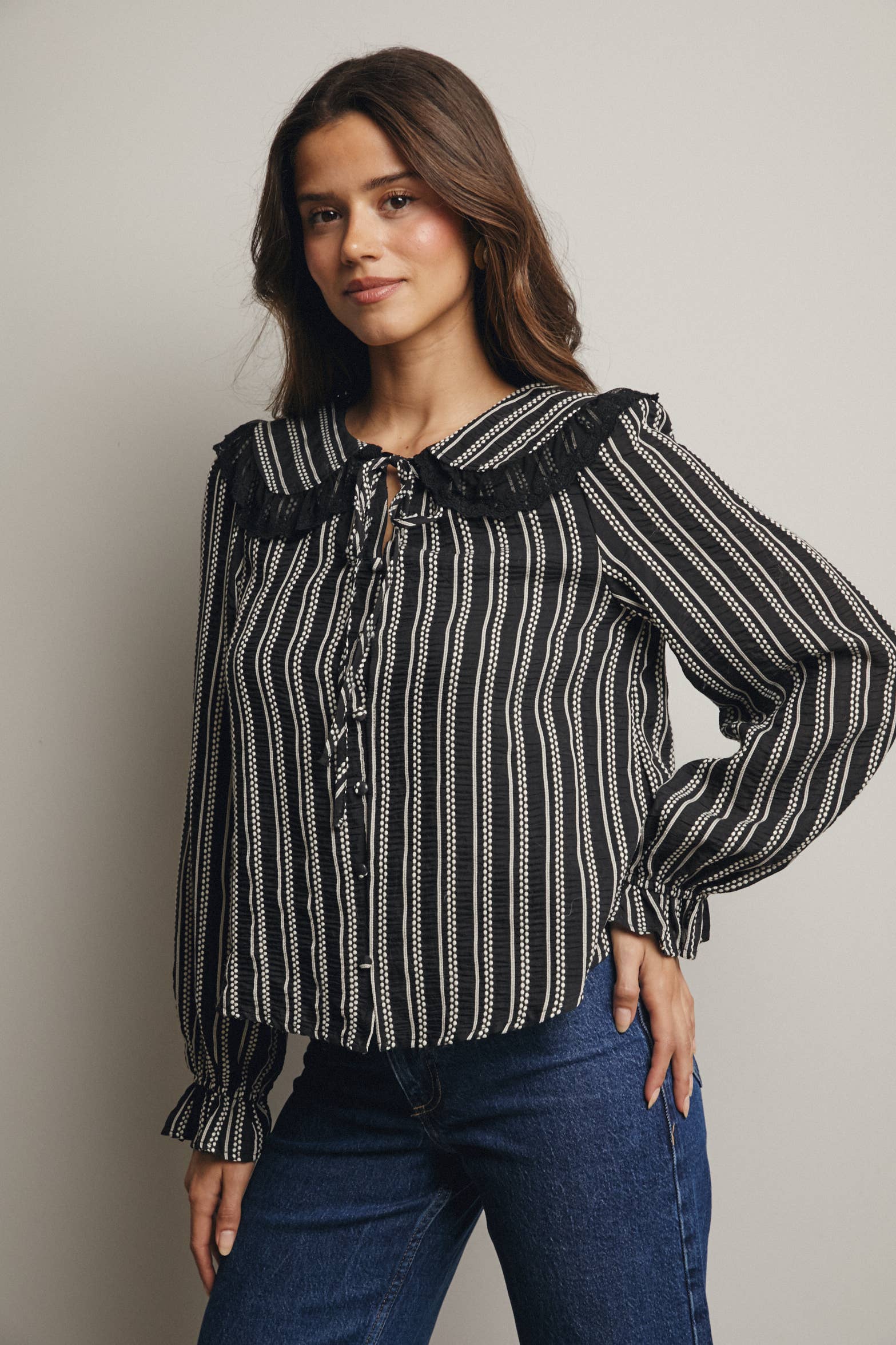 Black Embroidered Collar Textured Blouse