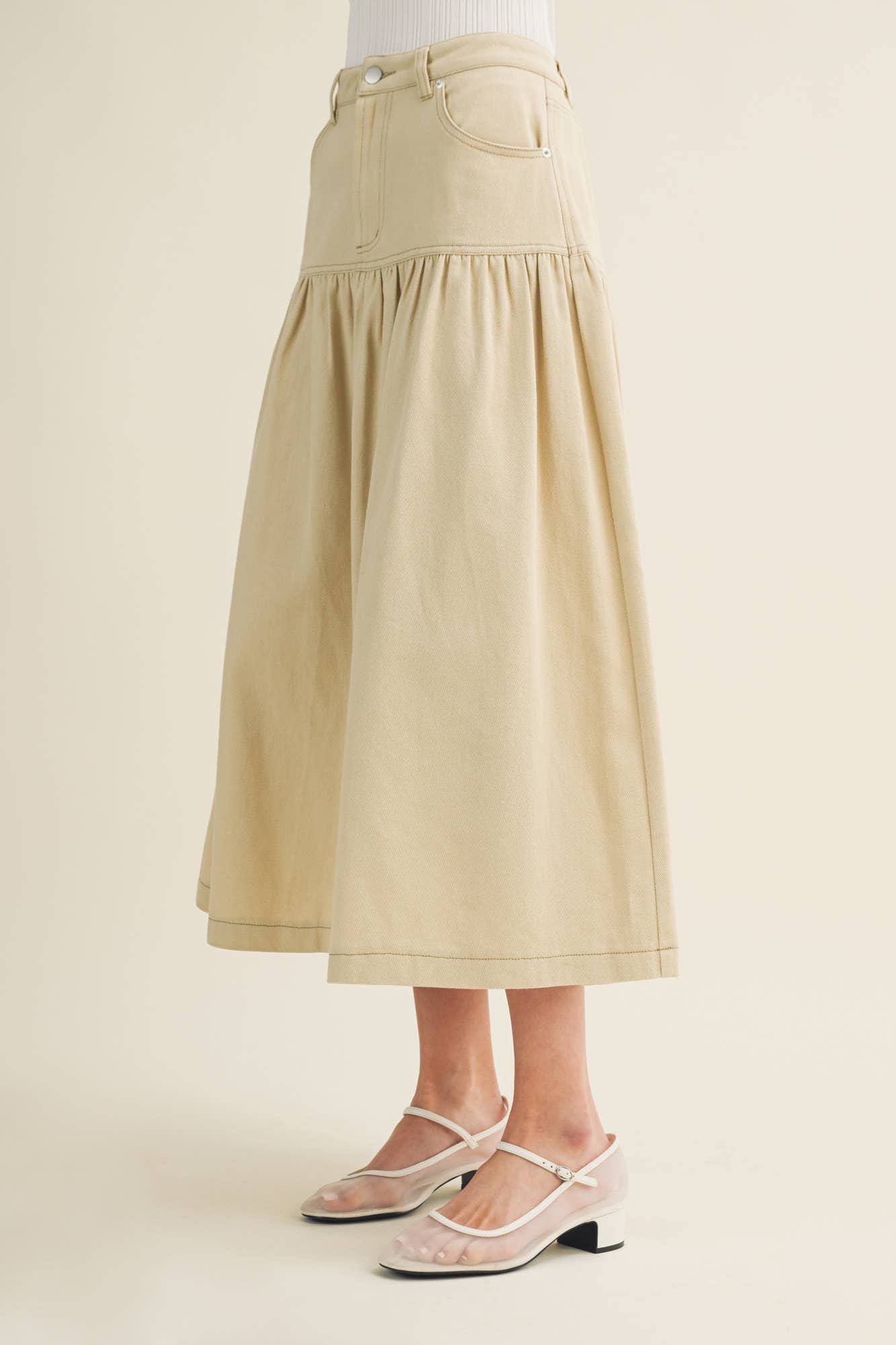 Sculpted Yoke Cascading Volume Skirt Beige
