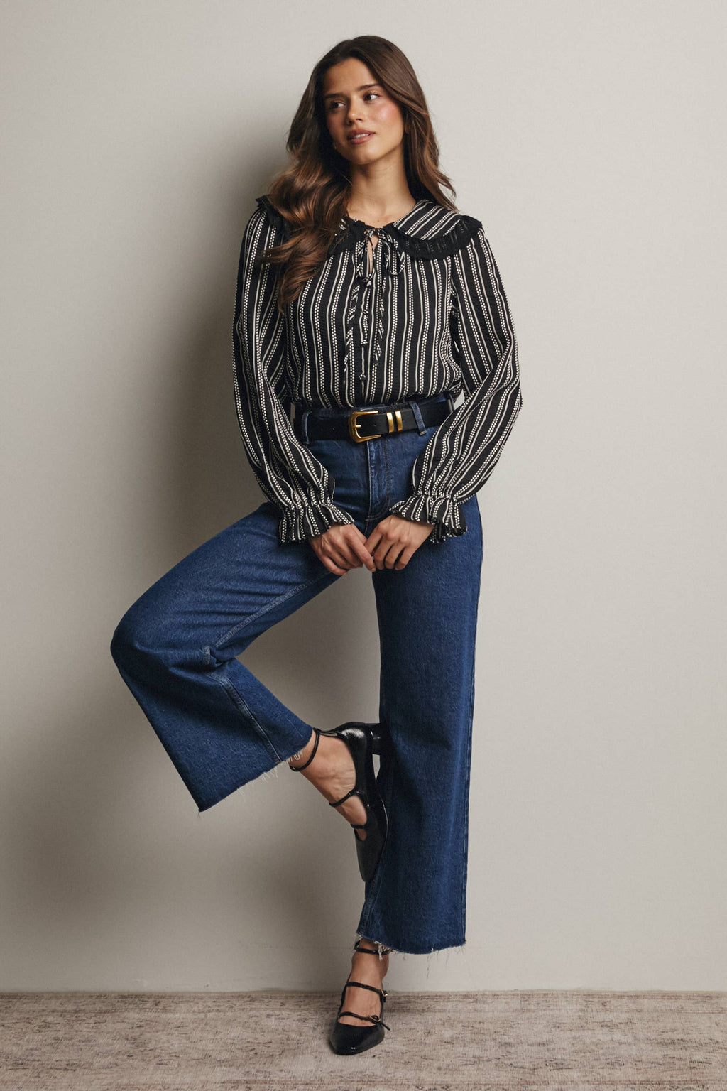 Black Embroidered Collar Textured Blouse
