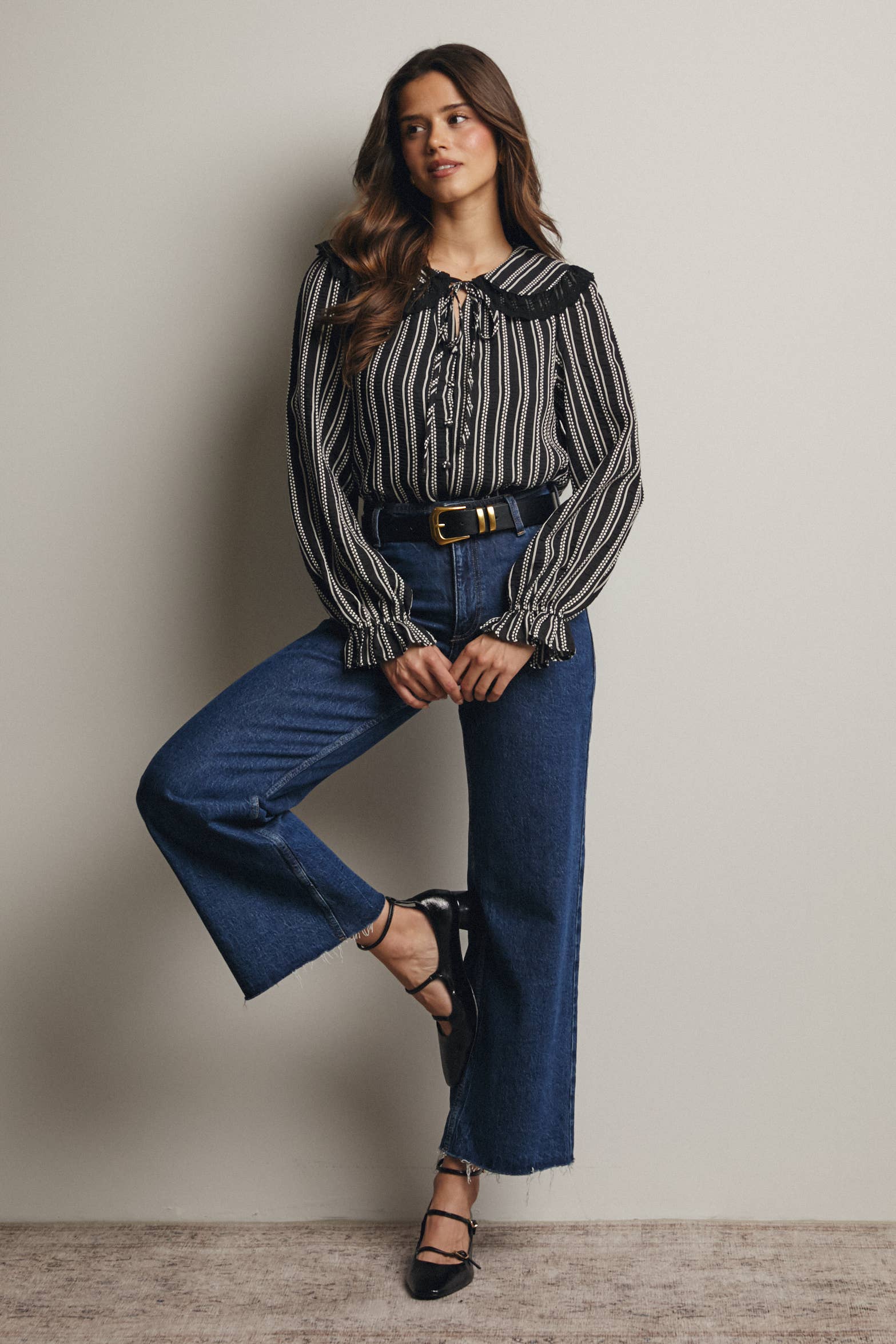 Black Embroidered Collar Textured Blouse