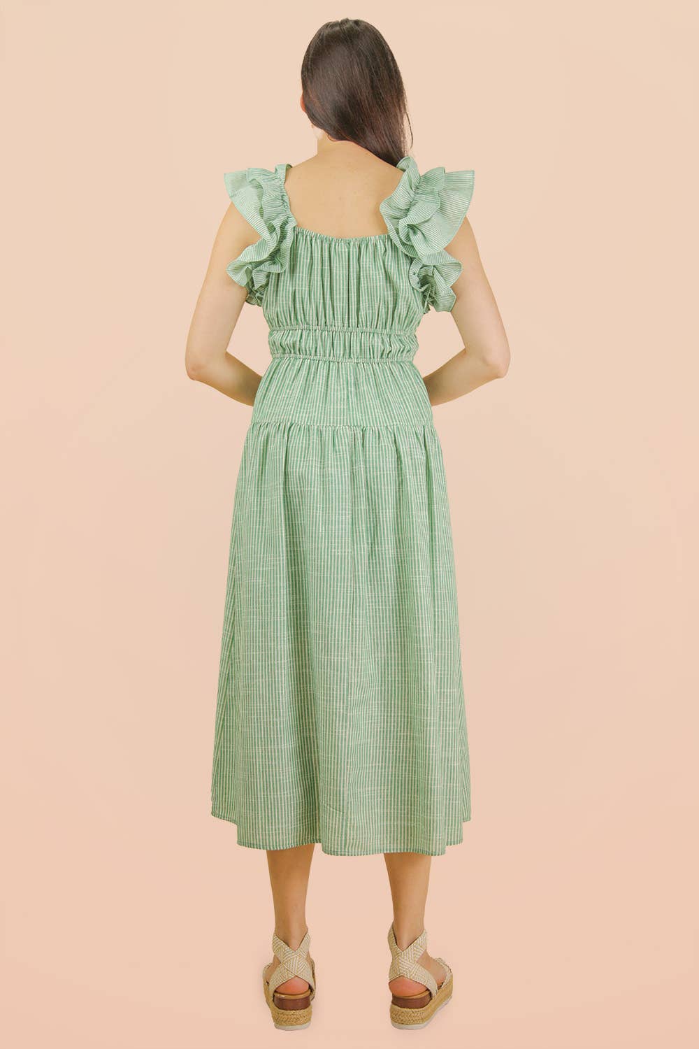 ND32033-Shoulder Ruffle Detail Stripe Midi Dress: GREEN / S-M-L/2-2-2