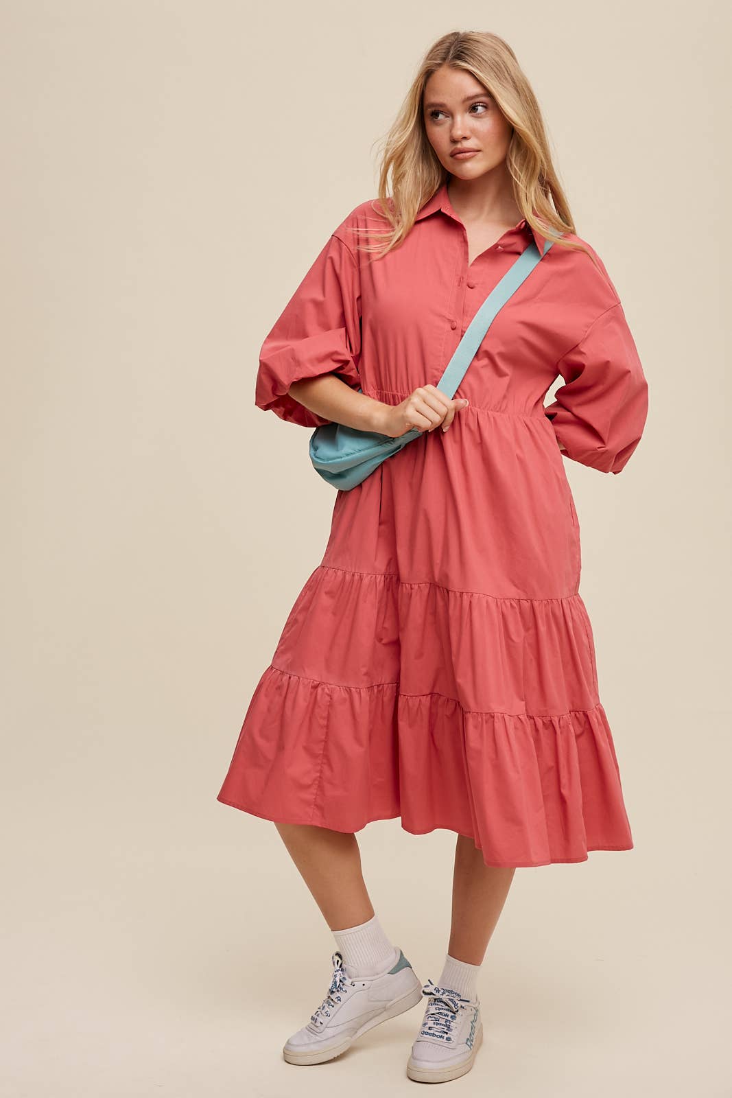 Tiered Poplin Shirt Dress: Rose /
