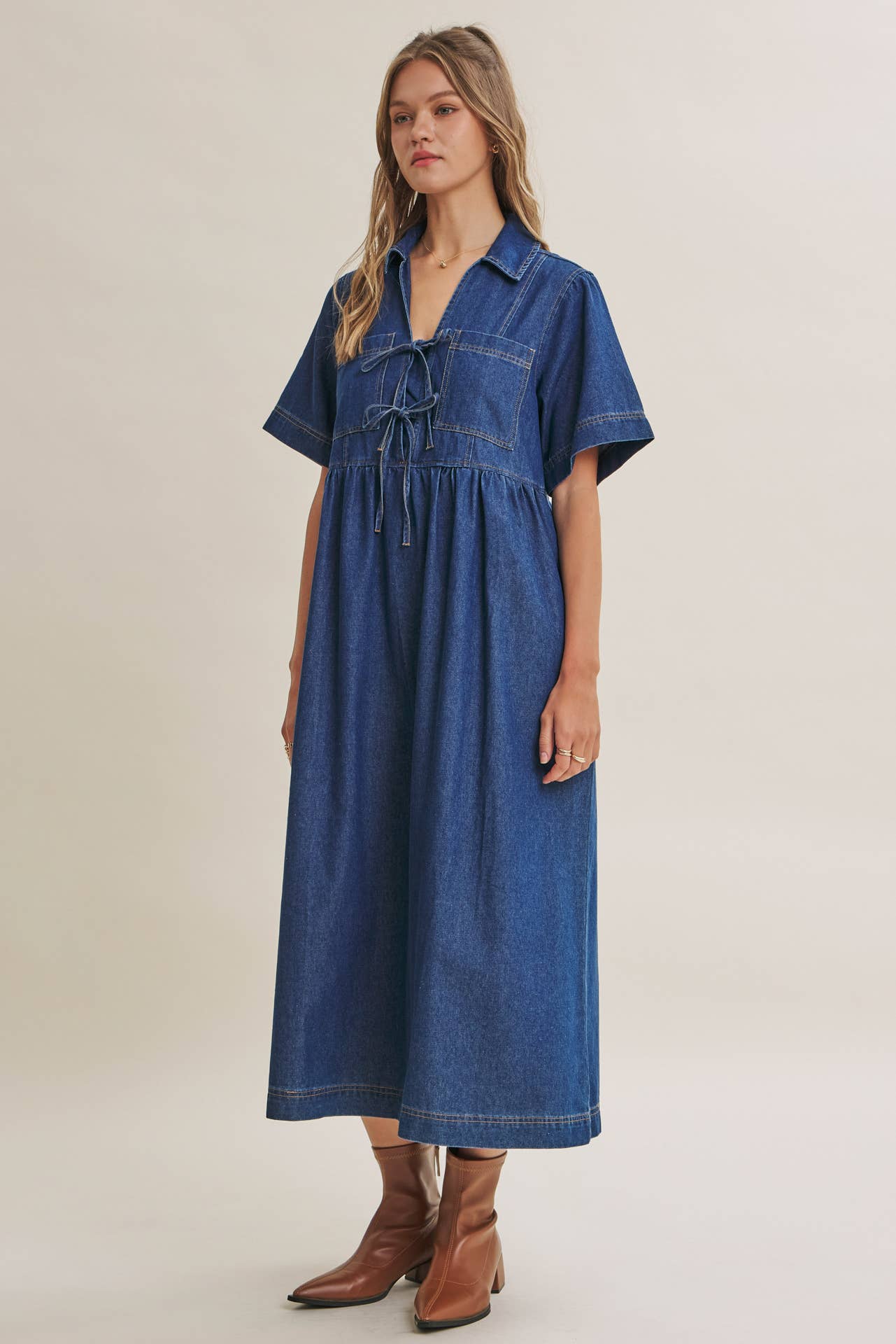 DENIM WASHED BOW-FRONT MIDI DRESS