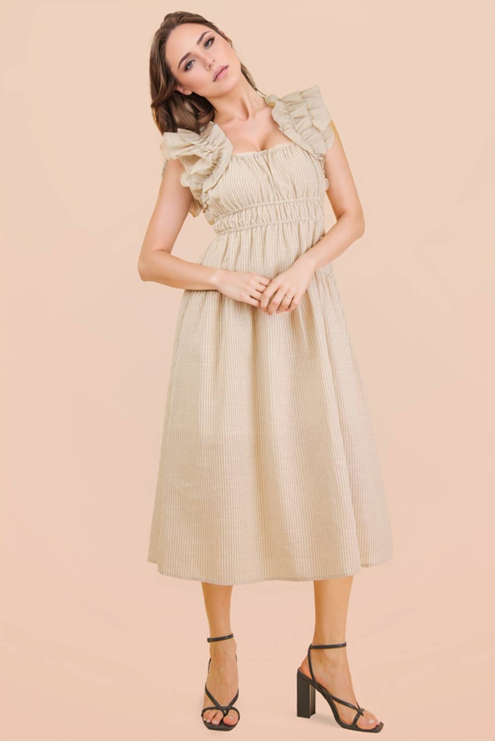 ND32033-Shoulder Ruffle Detail Stripe Midi Dress: GREEN / S-M-L/2-2-2