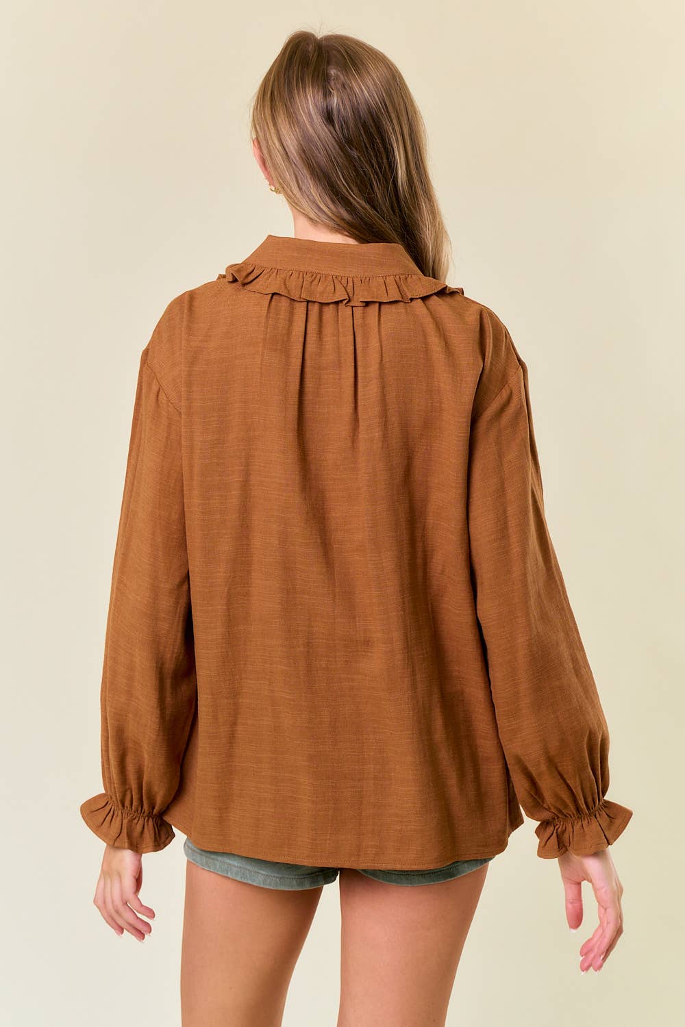 Ruffle Collar Drop Shoulder Oversized Blouse - 44661T: COFFEE / L
