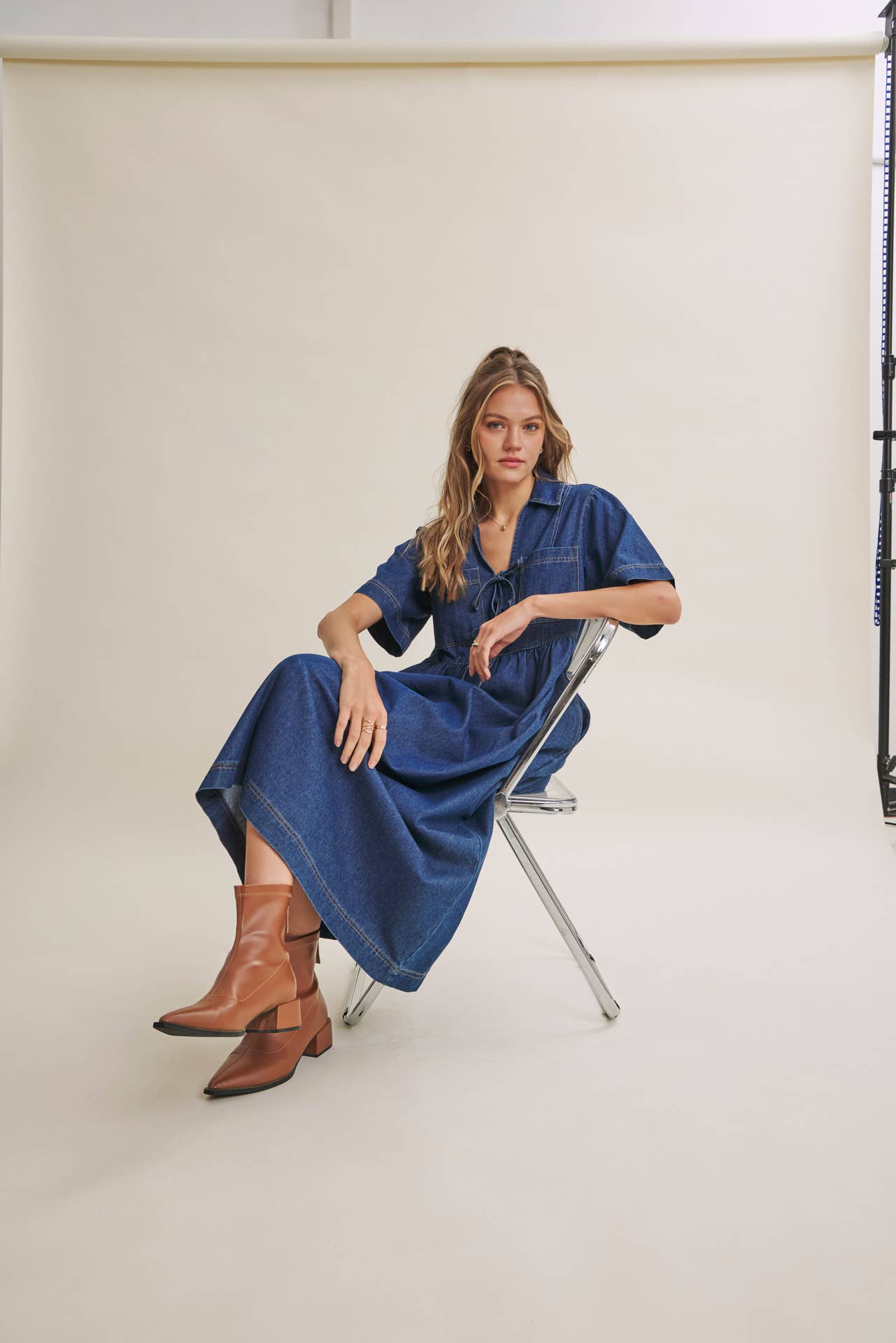 DENIM WASHED BOW-FRONT MIDI DRESS