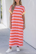 Cuffed Short Sleeve Pocketed Casual T Shirt Long Dress: Orange Stripe / L