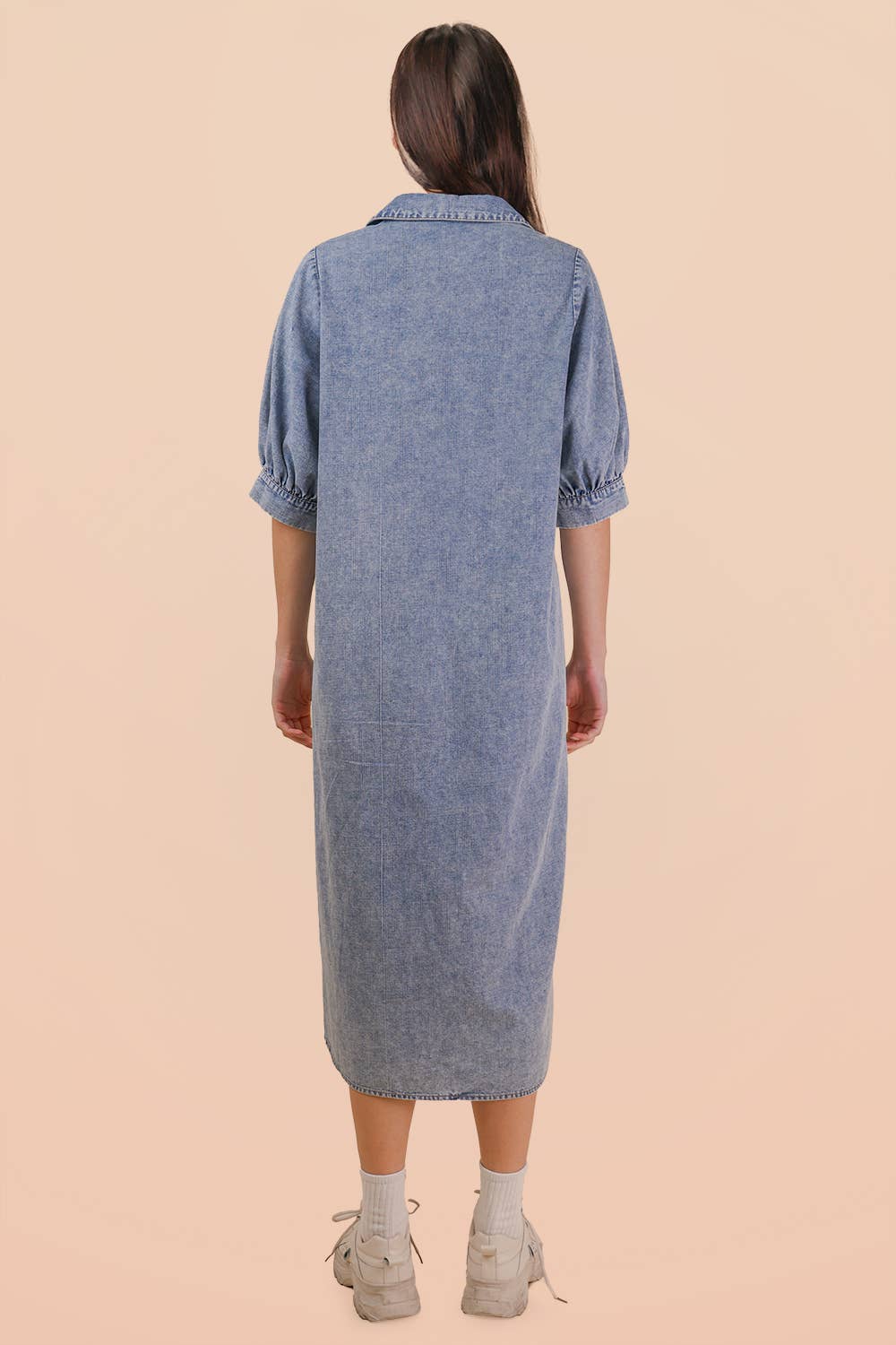 Washed Denim Casual Shirt Midi Dress Indigo