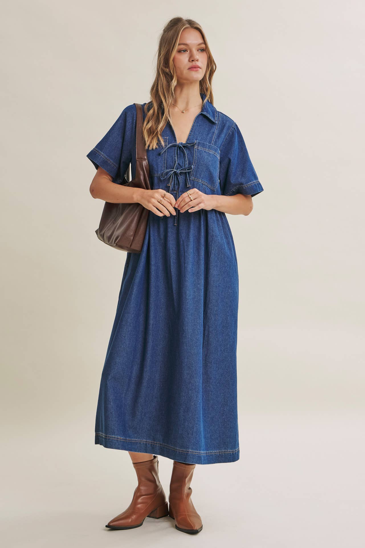 DENIM WASHED BOW-FRONT MIDI DRESS