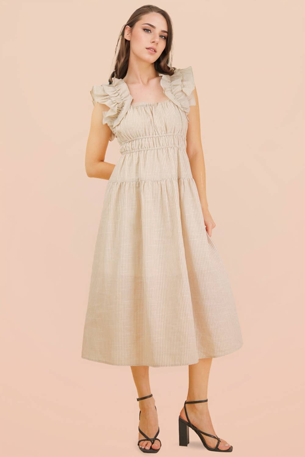 ND32033-Shoulder Ruffle Detail Stripe Midi Dress: GREEN / S-M-L/2-2-2