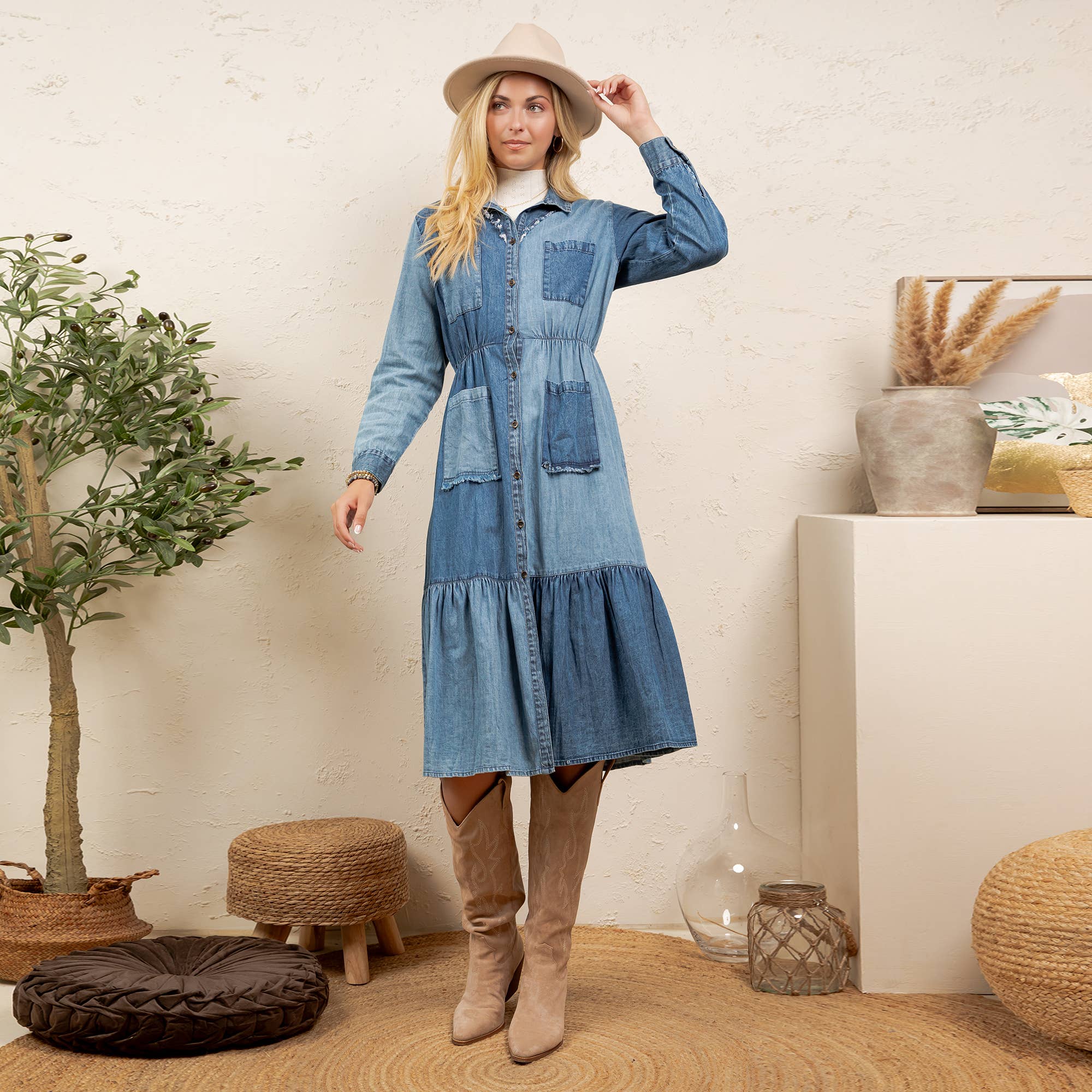 Vintage Bohemian Tiered Midi Dress - Boho Eyelet NEW: GRAVEL / REGULAR (S-M-L-XL 2-2-2-1)