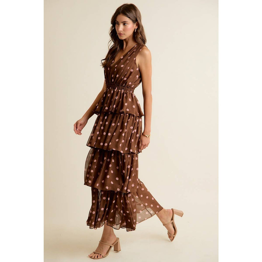 POLKA DOT CHIFFON TIERED MAXI LINED SLEEVELESS DRESS: BROWN/PINK / S