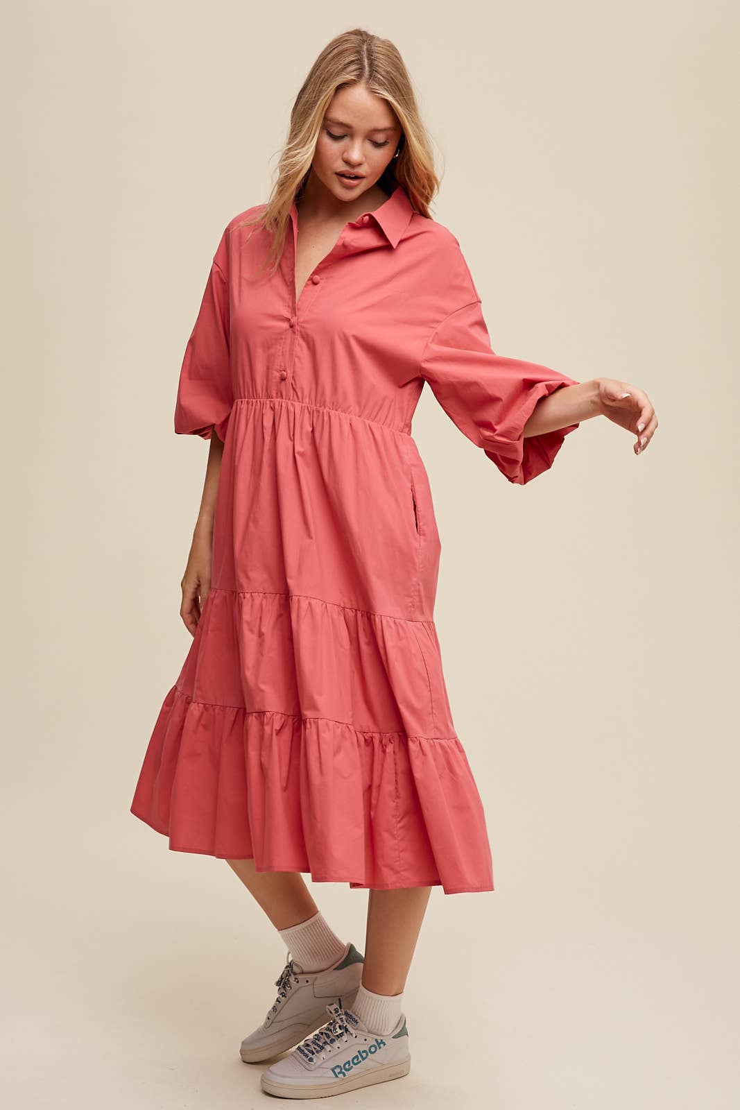 Tiered Poplin Shirt Dress: Rose /