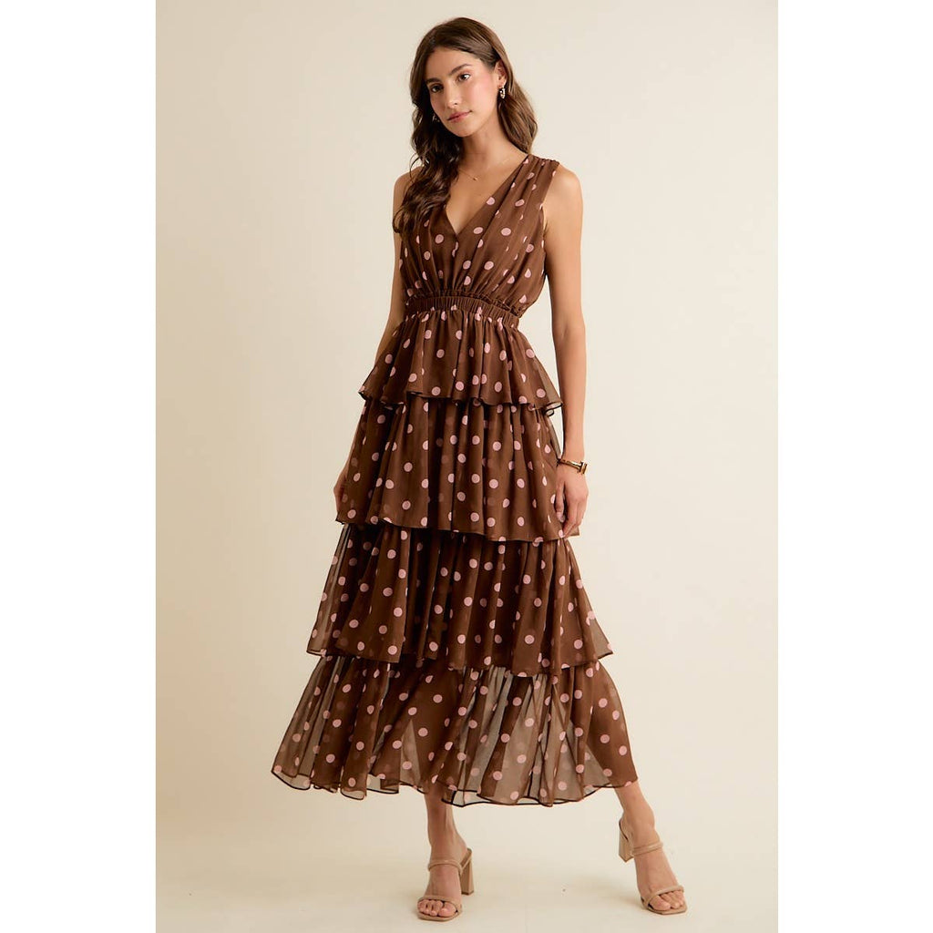 POLKA DOT CHIFFON TIERED MAXI LINED SLEEVELESS DRESS: BROWN/PINK / S