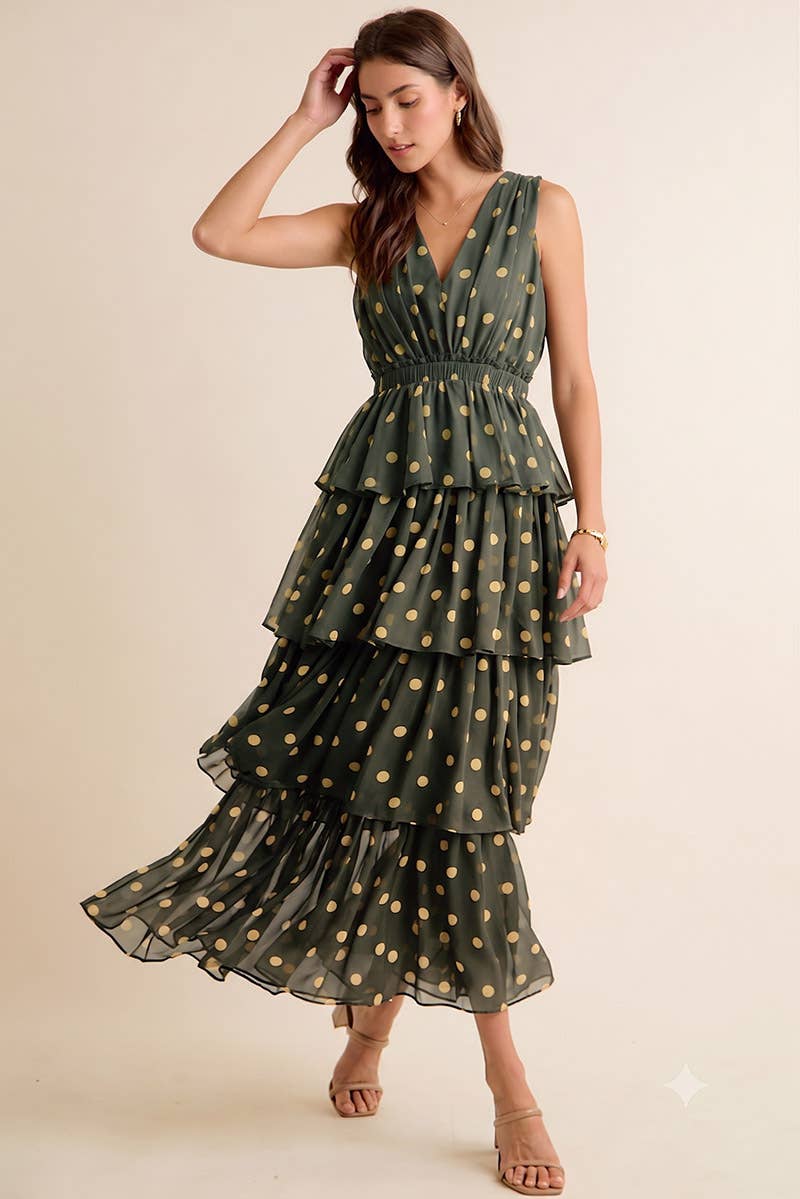 POLKA DOT CHIFFON TIERED MAXI LINED SLEEVELESS DRESS: BROWN/PINK / S