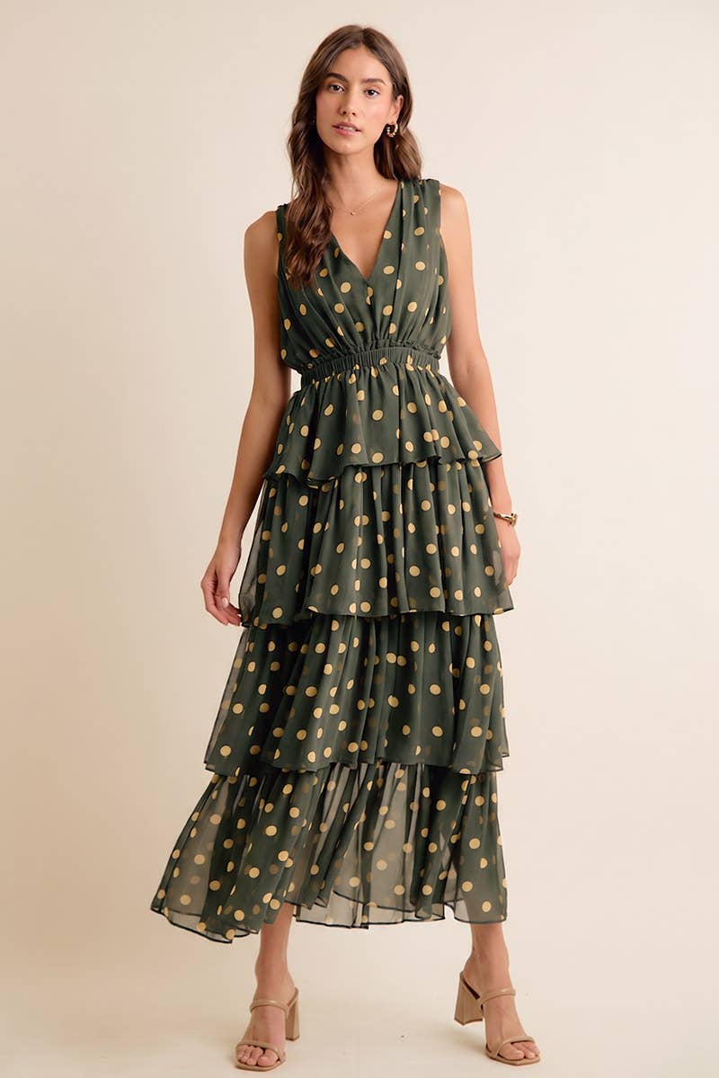 POLKA DOT CHIFFON TIERED MAXI LINED SLEEVELESS DRESS: BROWN/PINK / S