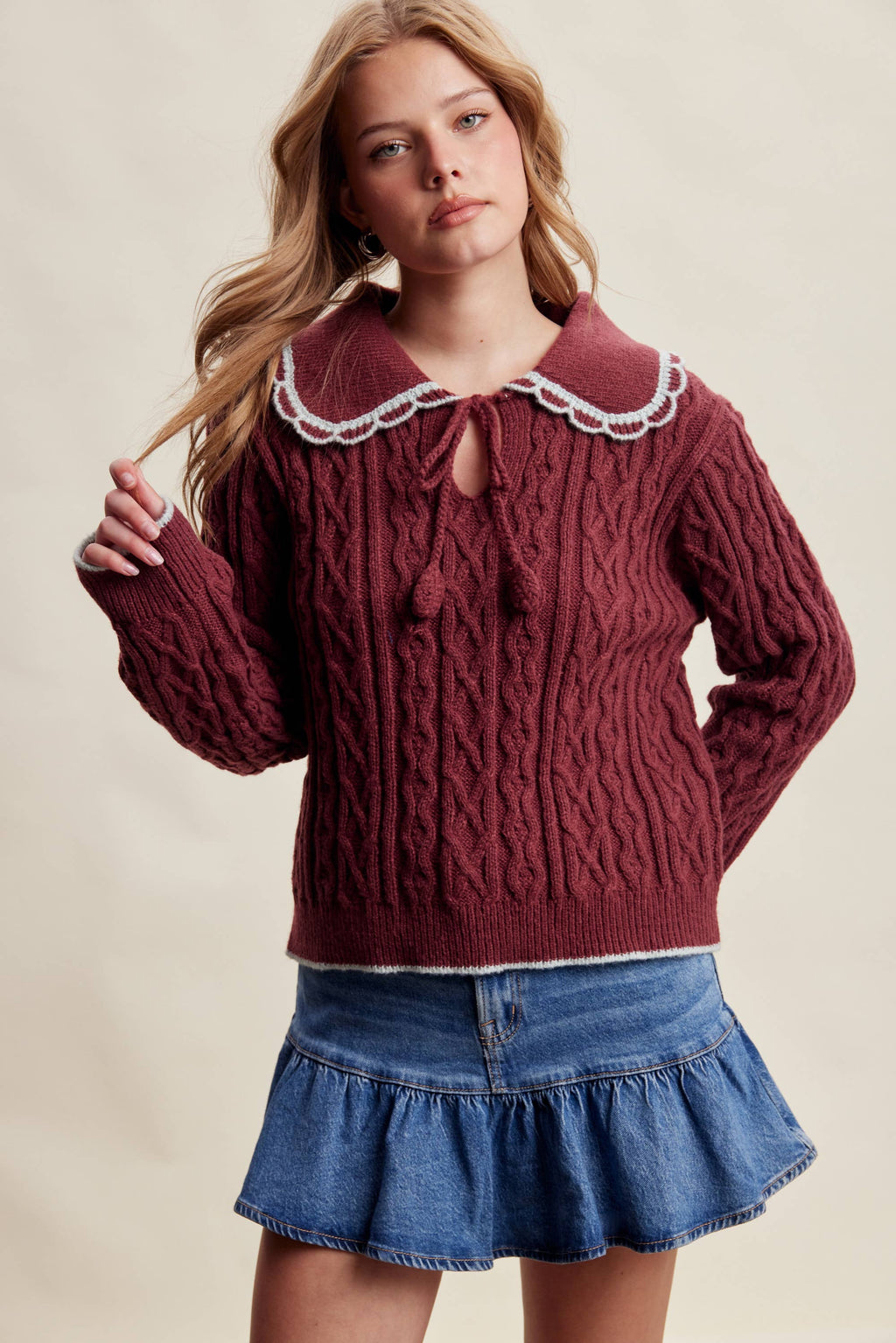 Scalloped Collar Cable Knit Sweater Sangria