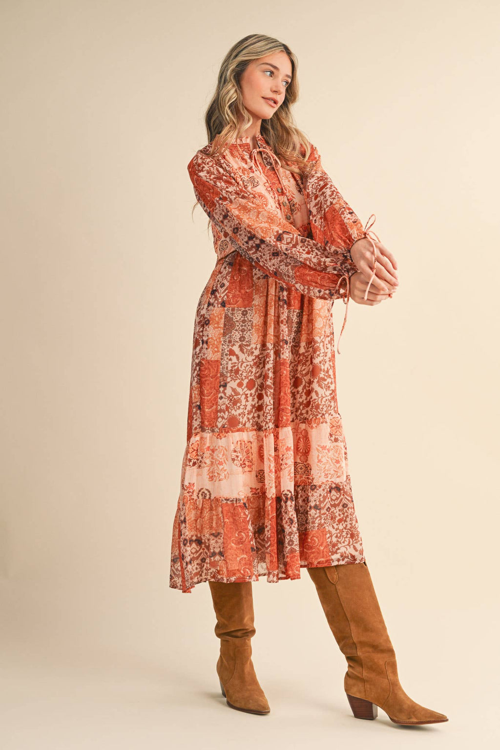 PATCHWORK PRINT MIDI DRESS RUST MULTI FLORAL