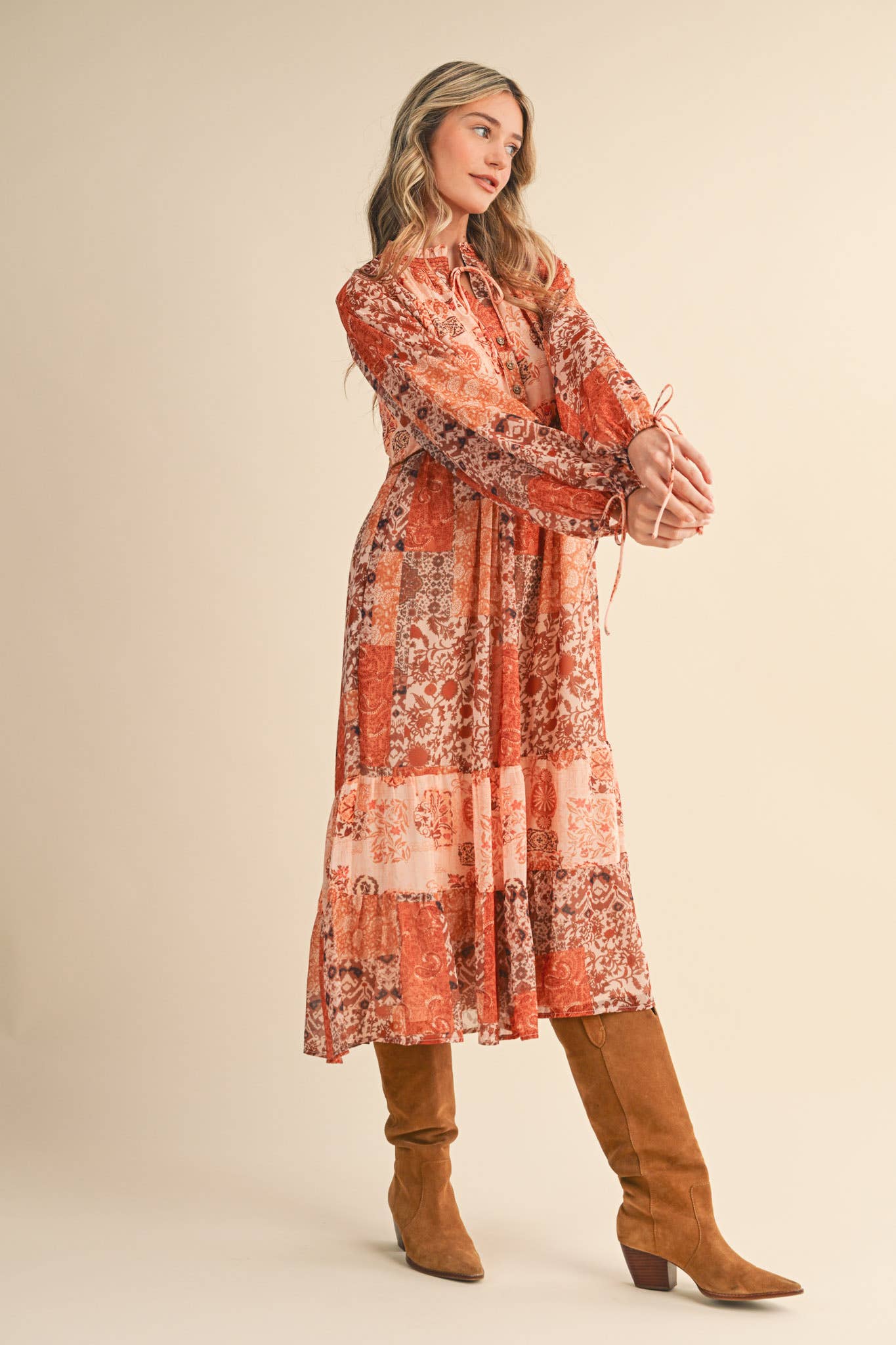 PATCHWORK PRINT MIDI DRESS RUST MULTI FLORAL